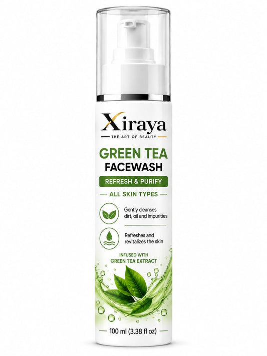 Xiraya Green Tea Face Wash with Green Tea Extract, Refreshing & Purifying Facial Cleanser for All Skin Types, Gently Cleanses Dirt, Oil & Impurities, 100 ml