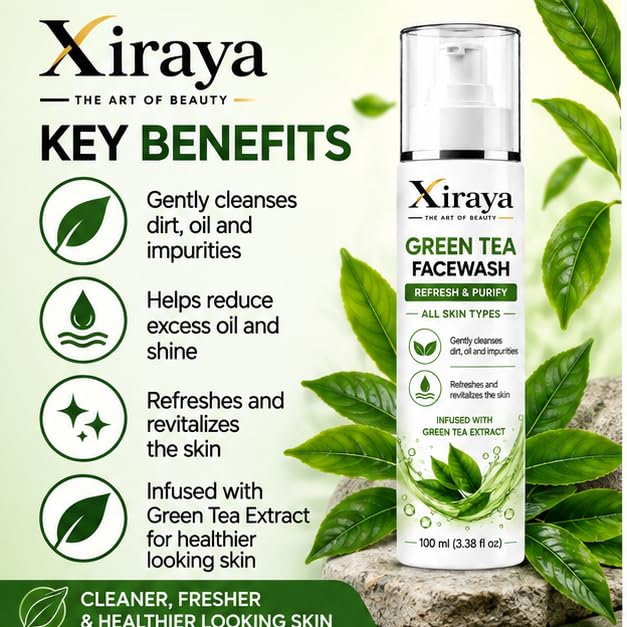 Xiraya Green Tea Face Wash with Green Tea Extract, Refreshing & Purifying Facial Cleanser for All Skin Types, Gently Cleanses Dirt, Oil & Impurities, 100 ml