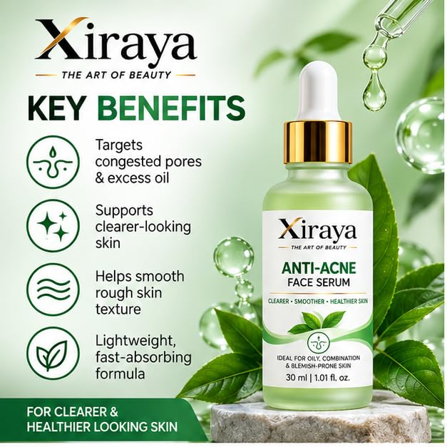 Xiraya Anti-Acne Face Serum for Oily, Combination & Blemish-Prone Skin, Lightweight Fast-Absorbing Formula, Helps Improve Skin Clarity & Texture, 30 ml