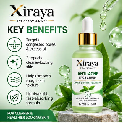 Xiraya Anti-Acne Face Serum for Oily, Combination & Blemish-Prone Skin, Lightweight Fast-Absorbing Formula, Helps Improve Skin Clarity & Texture, 30 ml