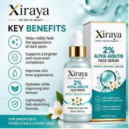 Xiraya 2% Alpha Arbutin Face Serum for Brighter Even Looking Skin, Dark Spot Appearance Care, Lightweight Daily Brightening Serum, Fast Absorbing Non Greasy Formula, 30 ml Skin