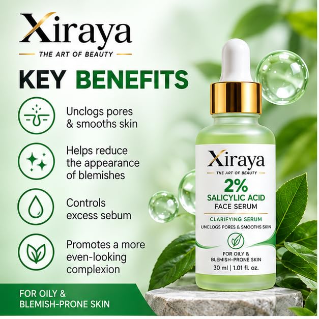 Xiraya 2% Salicylic Acid Face Serum for Oily & Blemish-Prone Skin, Helps Reduce Blemish Appearance, Unclogs Pores & Smooths Skin, Lightweight Clarifying Serum, 30 ml