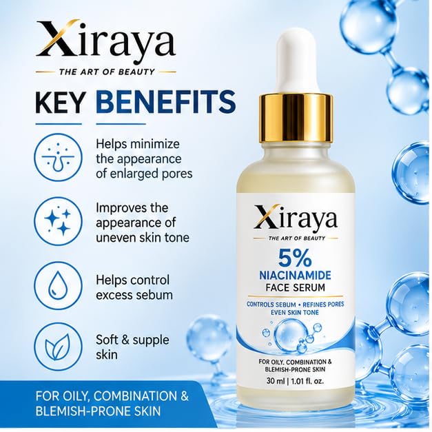 Xiraya 5% Niacinamide Face Serum for Oily, Combination & Blemish-Prone Skin, Helps Minimize Enlarged Pore Appearance, Controls Excess Sebum, Evens Skin Tone, 30 ml