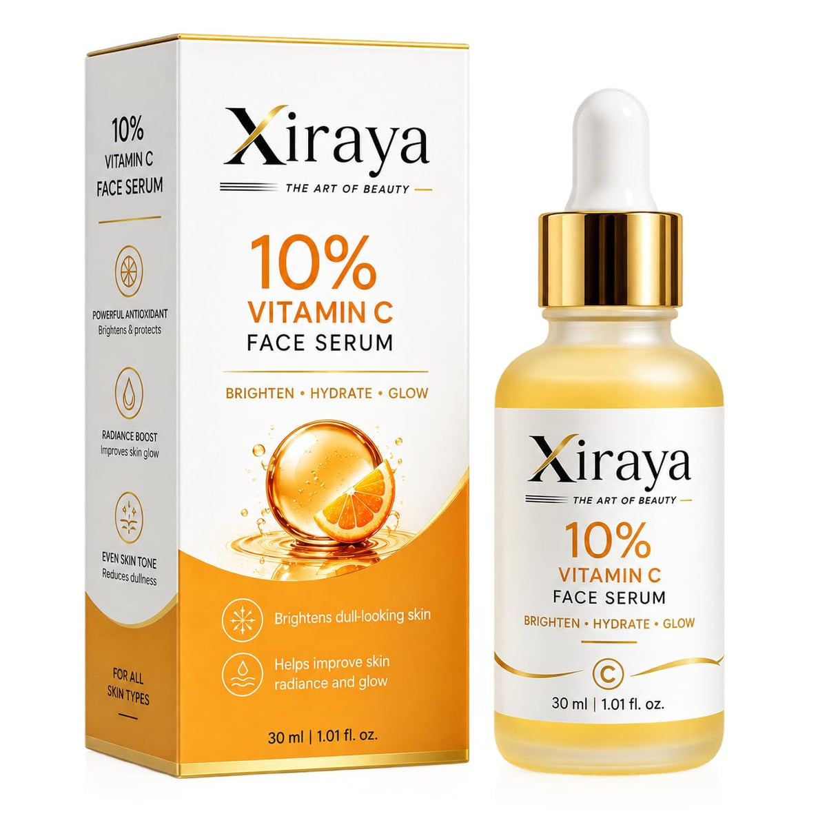 Xiraya 10% Vitamin C Face Serum for Brightening Dull-Looking Skin, Radiance & Glow Support, Helps Improve Skin Tone Appearance, Lightweight Daily Hydrating Serum, 30 ml