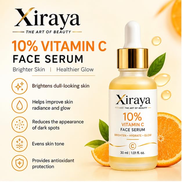 Xiraya 10% Vitamin C Face Serum for Brightening Dull-Looking Skin, Radiance & Glow Support, Helps Improve Skin Tone Appearance, Lightweight Daily Hydrating Serum, 30 ml
