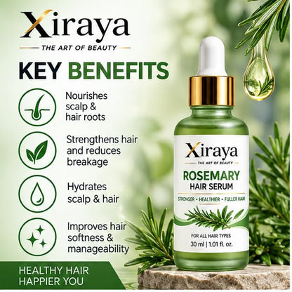 Xiraya Rosemary Hair Serum for All Hair Types, Scalp & Hair Root Nourishment, Helps Reduce Breakage, Hydrates Scalp & Hair, Supports Hair Softness & Manageability, 30 ml