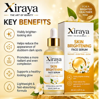 Xiraya Skin Brightening Face Serum for Radiant Even-Looking Skin, Helps Reduce Appearance of Dark Spots, Daily Glow & Luminosity Serum, Suitable for All Skin Types, 30 ml