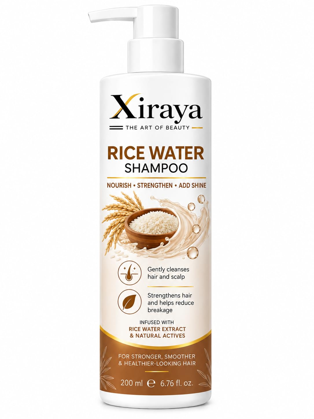 Xiraya Rice Water Shampoo 200 ml with Rice Water Extract & Natural Actives for Hair and Scalp, Nourishing Strengthening Shampoo for Smoother, Shinier & Healthier-Looking Hair