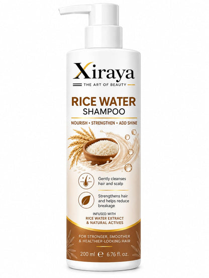 Xiraya Rice Water Shampoo 200 ml with Rice Water Extract & Natural Actives for Hair and Scalp, Nourishing Strengthening Shampoo for Smoother, Shinier & Healthier-Looking Hair