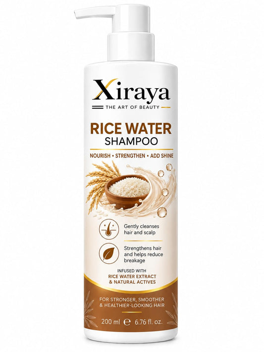 Xiraya Rice Water Shampoo 200 ml with Rice Water Extract & Natural Actives for Hair and Scalp, Nourishing Strengthening Shampoo for Smoother, Shinier & Healthier-Looking Hair