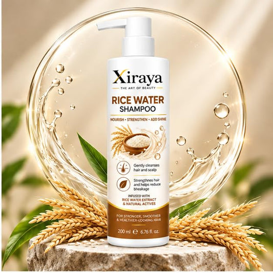 Xiraya Rice Water Shampoo 200 ml with Rice Water Extract & Natural Actives for Hair and Scalp, Nourishing Strengthening Shampoo for Smoother, Shinier & Healthier-Looking Hair