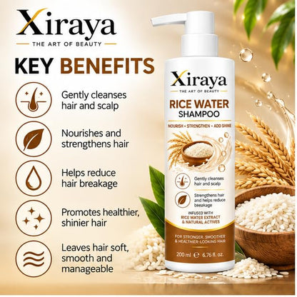 Xiraya Rice Water Shampoo 200 ml with Rice Water Extract & Natural Actives for Hair and Scalp, Nourishing Strengthening Shampoo for Smoother, Shinier & Healthier-Looking Hair