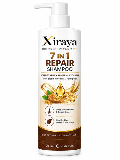 Xiraya 7 in 1 Repair Shampoo 200 ml with Biotin, Proteins & Fenugreek for Dry, Weak & Damaged Hair, Nourishing Hydrating Shampoo for Stronger, Healthier-Looking Hair