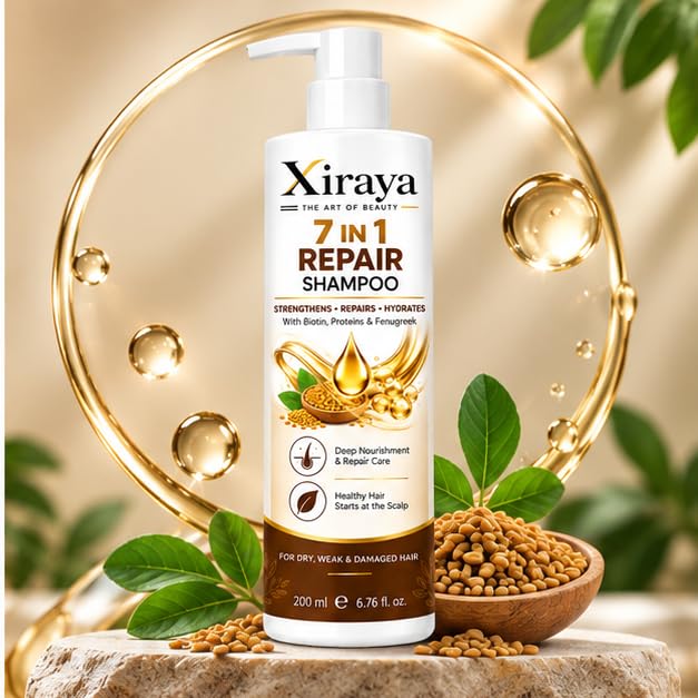 Xiraya 7 in 1 Repair Shampoo 200 ml with Biotin, Proteins & Fenugreek for Dry, Weak & Damaged Hair, Nourishing Hydrating Shampoo for Stronger, Healthier-Looking Hair