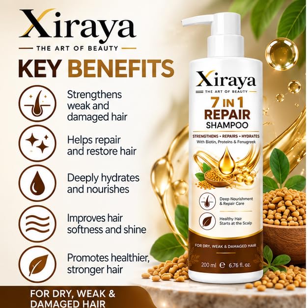 Xiraya 7 in 1 Repair Shampoo 200 ml with Biotin, Proteins & Fenugreek for Dry, Weak & Damaged Hair, Nourishing Hydrating Shampoo for Stronger, Healthier-Looking Hair