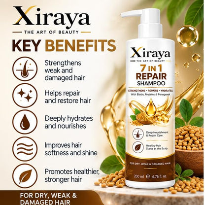 Xiraya 7 in 1 Repair Shampoo 200 ml with Biotin, Proteins & Fenugreek for Dry, Weak & Damaged Hair, Nourishing Hydrating Shampoo for Stronger, Healthier-Looking Hair