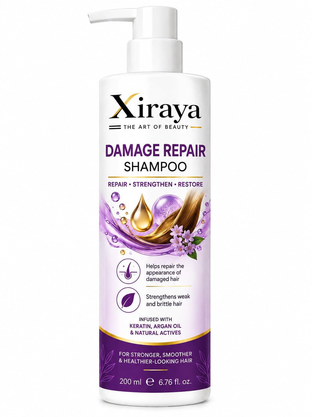 Xiraya Damage Repair Shampoo 200 ml with Keratin & Argan Oil for Dry, Weak and Damaged Hair, Strengthening Shampoo for Smoother, Stronger & Healthier-Looking Hair