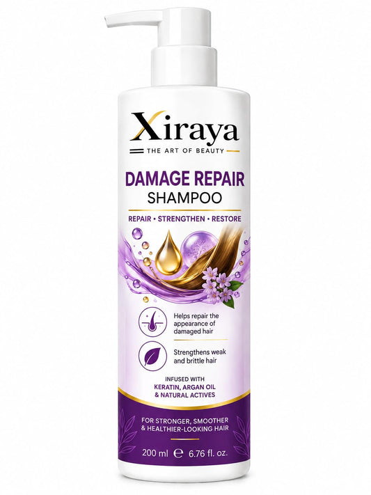 Xiraya Damage Repair Shampoo 200 ml with Keratin & Argan Oil for Dry, Weak and Damaged Hair, Strengthening Shampoo for Smoother, Stronger & Healthier-Looking Hair