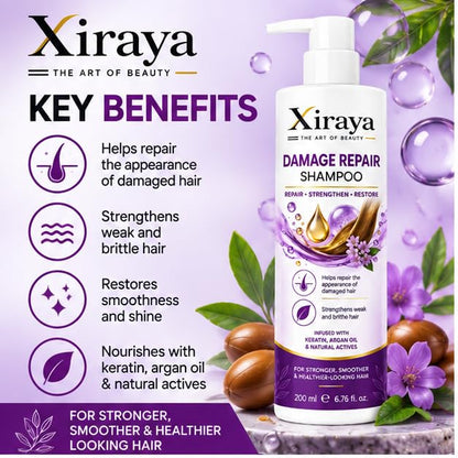 Xiraya Damage Repair Shampoo 200 ml with Keratin & Argan Oil for Dry, Weak and Damaged Hair, Strengthening Shampoo for Smoother, Stronger & Healthier-Looking Hair