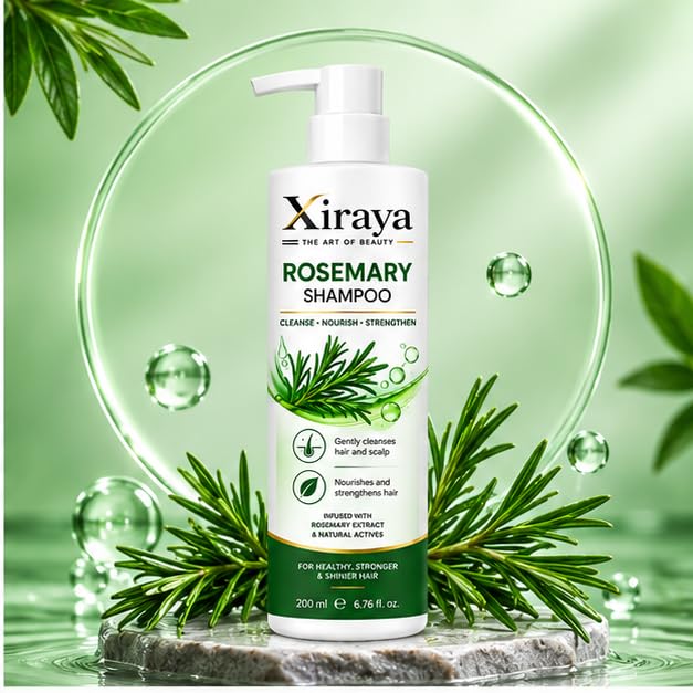 Xiraya Rosemary Shampoo 200 ml with Rosemary Extract & Natural Actives for Hair and Scalp, Nourishing Strengthening Shampoo for Healthy, Stronger & Shinier-Looking Hair