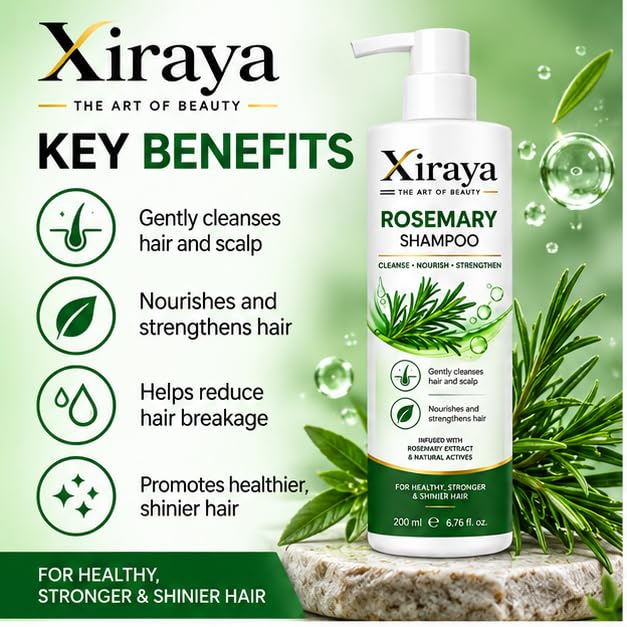 Xiraya Rosemary Shampoo 200 ml with Rosemary Extract & Natural Actives for Hair and Scalp, Nourishing Strengthening Shampoo for Healthy, Stronger & Shinier-Looking Hair