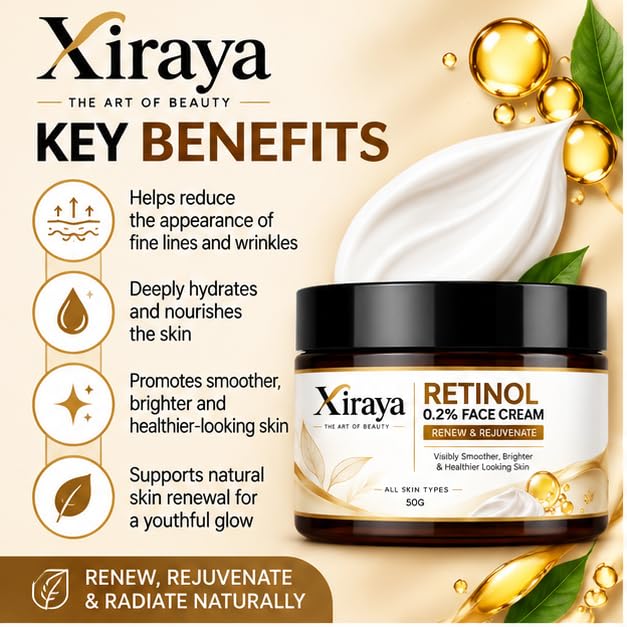 Xiraya Retinol 0.2% Face Cream with Bakuchiol & Vitamin E, Helps Improve the Appearance of Fine Lines, Deeply Moisturizes, Supports Smoother Looking Complexion, All Types, 50g