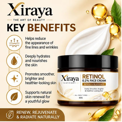 Xiraya Retinol 0.2% Face Cream with Bakuchiol & Vitamin E, Helps Improve the Appearance of Fine Lines, Deeply Moisturizes, Supports Smoother Looking Complexion, All Types, 50g
