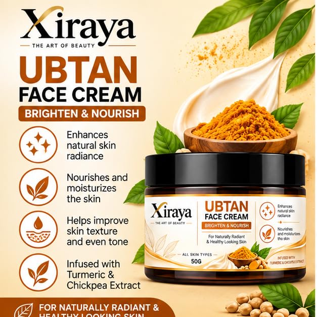 Xiraya Ubtan Face Cream with Turmeric & Chickpea Extract, Brightening Moisturizer for Radiant Even Looking Complexion, Nourishes & Hydrates, Daily Face Care for All Types, 50g