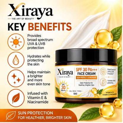 Xiraya SPF 30 PA+++ Face Cream with Vitamin E & Niacinamide, Daily Sun Protection Moisturizer, Helps Hydrate & Maintain Soft Skin, UVA & UVB Protection, All Skin Types, 50g