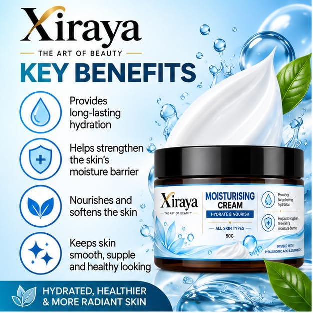 Xiraya Moisturising Cream with Hyaluronic Acid & Ceramides, Hydrating Face Moisturizer for All Types, Long-Lasting Hydration, Supports Moisture Barrier, Nourishing Daily Care, 50g