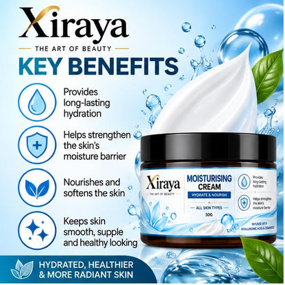 Xiraya Moisturising Cream with Hyaluronic Acid & Ceramides, Hydrating Face Moisturizer for All Types, Long-Lasting Hydration, Supports Moisture Barrier, Nourishing Daily Care, 50g