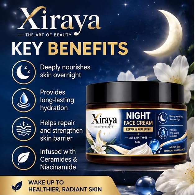 Xiraya Night Face Cream with Ceramides & Niacinamide, Overnight Moisturizer for Deep Nourishment, Long-Lasting Hydration, Supports Soft Smooth Complexion, All Types, 50g