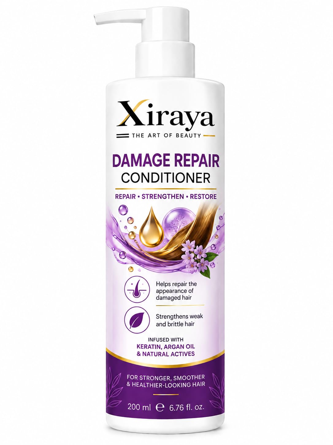 Xiraya Damage Repair Conditioner 200 ml with Keratin & Argan Oil for Dry, Weak and Damaged Hair, Strengthening Conditioner for Smoother, Softer & Healthier-Looking Hair