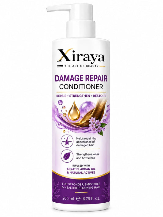 Xiraya Damage Repair Conditioner 200 ml with Keratin & Argan Oil for Dry, Weak and Damaged Hair, Strengthening Conditioner for Smoother, Softer & Healthier-Looking Hair