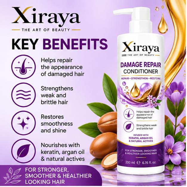 Xiraya Damage Repair Conditioner 200 ml with Keratin & Argan Oil for Dry, Weak and Damaged Hair, Strengthening Conditioner for Smoother, Softer & Healthier-Looking Hair