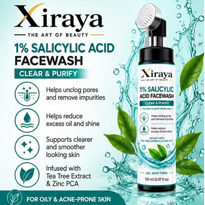 Xiraya 1% Salicylic Acid Face Wash 150 ml with Tea Tree Extract & Zinc PCA for Oily and Acne-Prone Skin, Helps Unclog Pores, Reduce Excess Oil & Refresh Skin