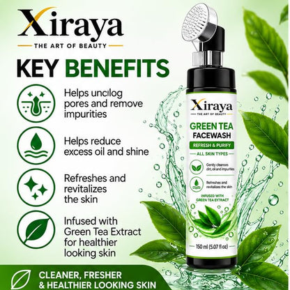 Xiraya Green Tea Face Wash with Green Tea Extract, Refreshing & Purifying Facial Cleanser for All Skin Types, Gently Cleanses Dirt, Oil & Impurities, 150 ml