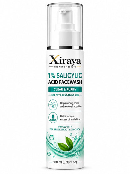 Xiraya 1% Salicylic Acid Face Wash 100 ml with Tea Tree Extract & Zinc PCA for Oily and Acne-Prone Skin, Helps Unclog Pores, Reduce Excess Oil & Refresh Skin
