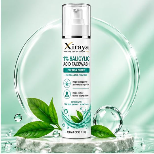 Xiraya 1% Salicylic Acid Face Wash 100 ml with Tea Tree Extract & Zinc PCA for Oily and Acne-Prone Skin, Helps Unclog Pores, Reduce Excess Oil & Refresh Skin