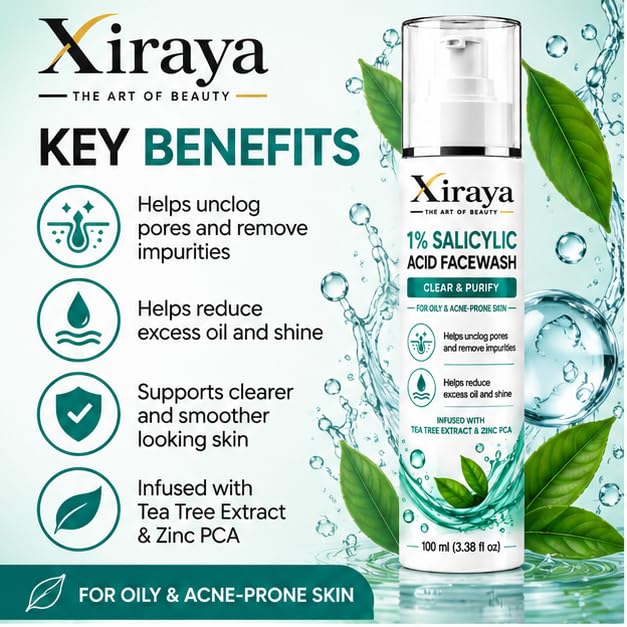 Xiraya 1% Salicylic Acid Face Wash 100 ml with Tea Tree Extract & Zinc PCA for Oily and Acne-Prone Skin, Helps Unclog Pores, Reduce Excess Oil & Refresh Skin