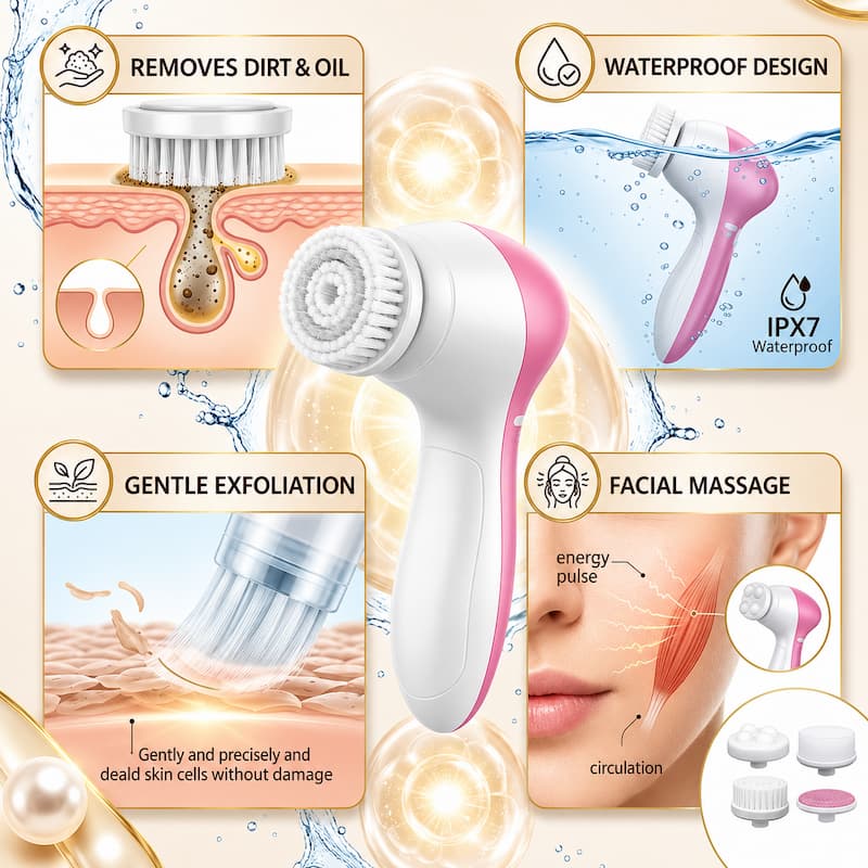 Facial Cleansing Brush & Portable Electric Massager with  Skin Care and Acne Tools